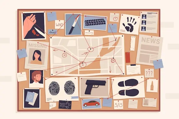 Crime evidence board with pins and red thread connecting scheme to